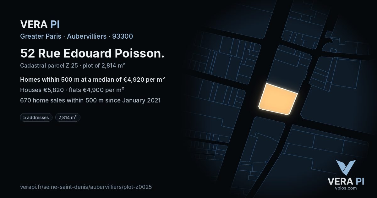52 Rue Edouard Poisson, Aubervilliers at night – the plot lit, the parcels around coloured by the prices near them