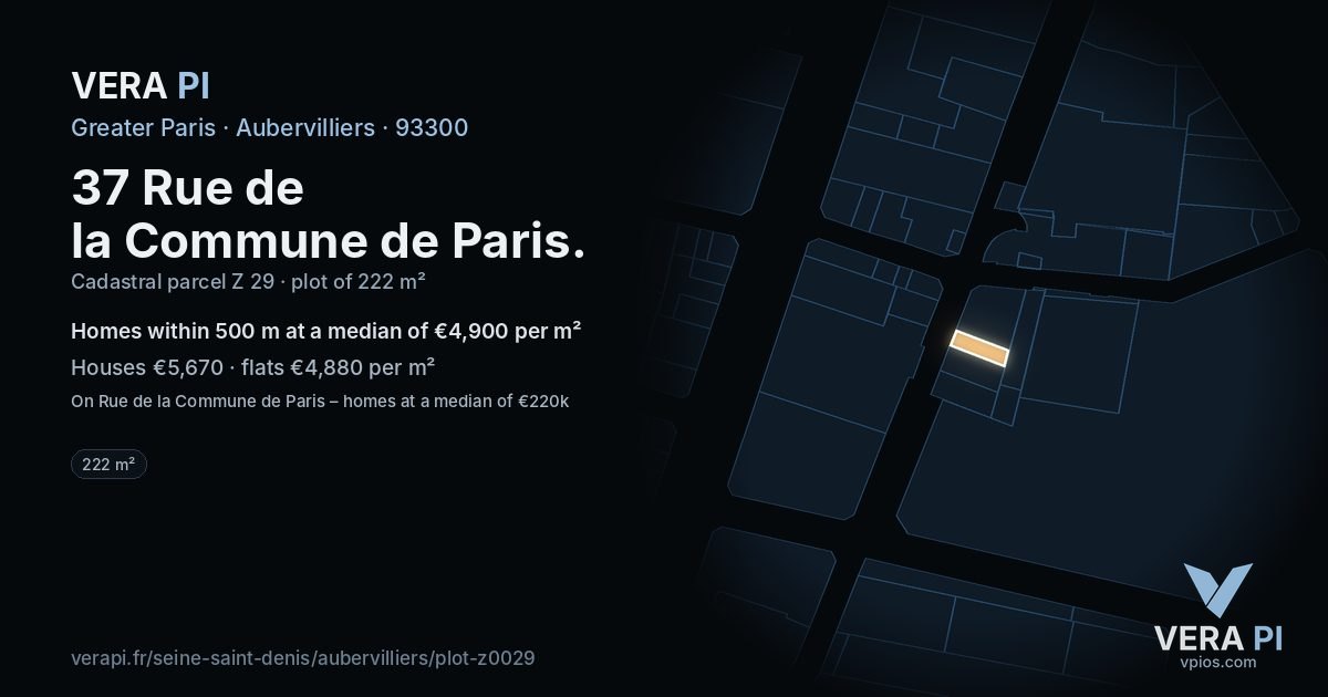 37 Rue de la Commune de Paris, Aubervilliers at night – the plot lit, the parcels around coloured by the prices near them