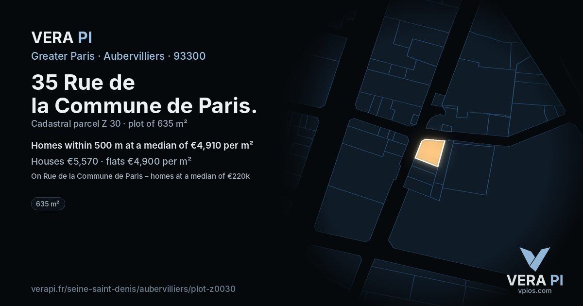 35 Rue de la Commune de Paris, Aubervilliers at night – the plot lit, the parcels around coloured by the prices near them