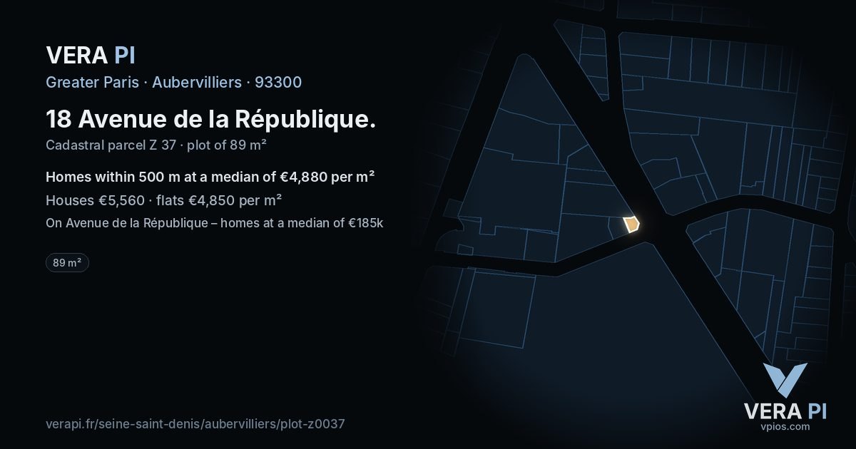18 Avenue de la République, Aubervilliers at night – the plot lit, the parcels around coloured by the prices near them