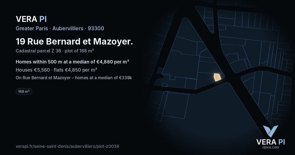 19 Rue Bernard et Mazoyer, Aubervilliers at night – the plot lit, the parcels around coloured by the prices near them