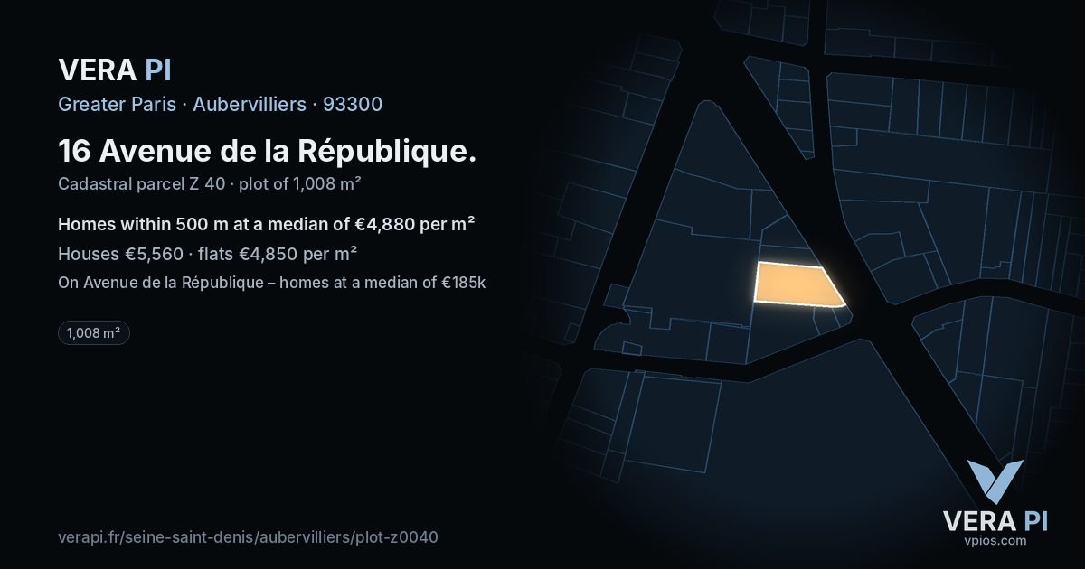16 Avenue de la République, Aubervilliers at night – the plot lit, the parcels around coloured by the prices near them