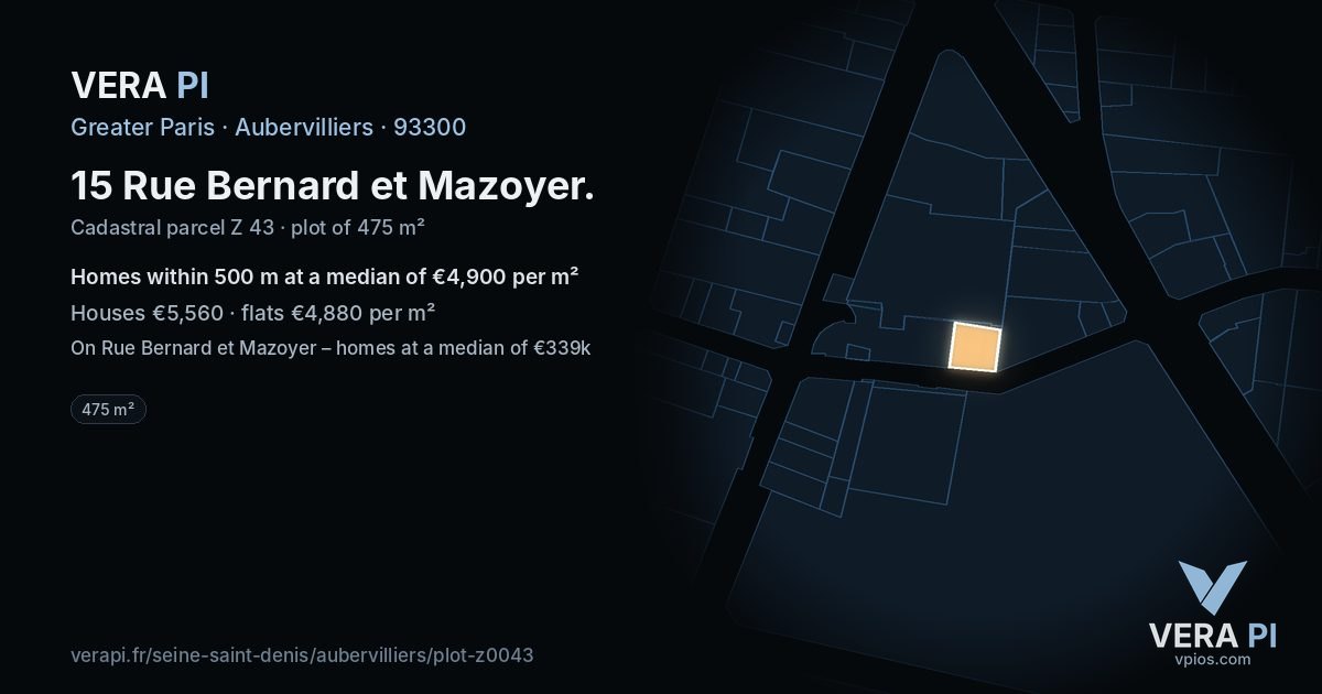 15 Rue Bernard et Mazoyer, Aubervilliers at night – the plot lit, the parcels around coloured by the prices near them