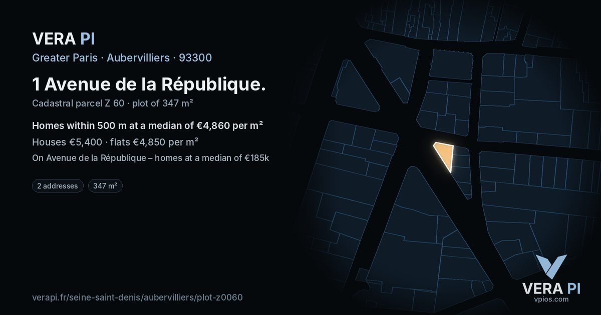 1 Avenue de la République, Aubervilliers at night – the plot lit, the parcels around coloured by the prices near them
