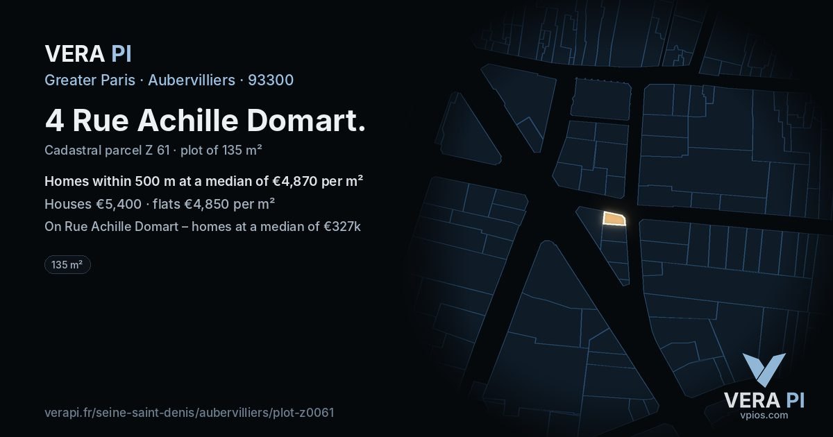 4 Rue Achille Domart, Aubervilliers at night – the plot lit, the parcels around coloured by the prices near them