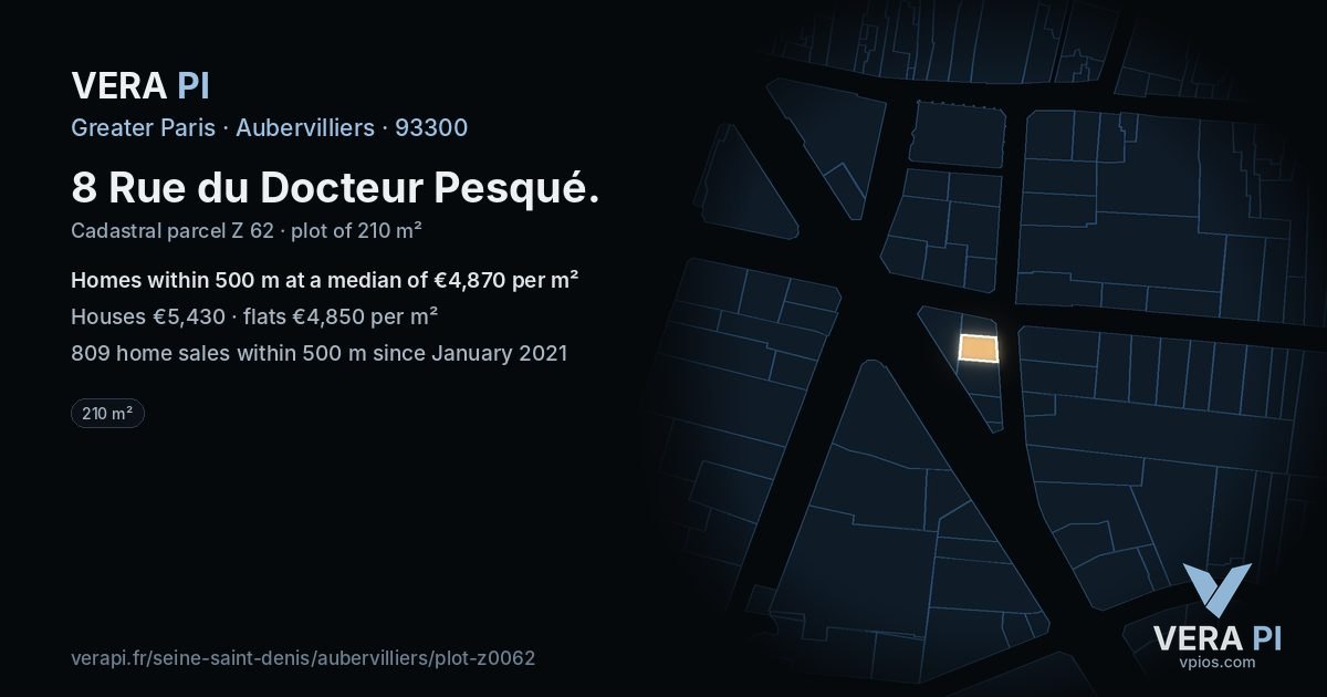 8 Rue du Docteur Pesqué, Aubervilliers at night – the plot lit, the parcels around coloured by the prices near them