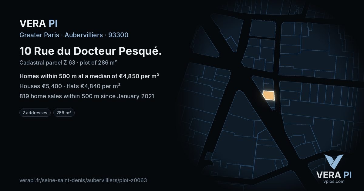 10 Rue du Docteur Pesqué, Aubervilliers at night – the plot lit, the parcels around coloured by the prices near them