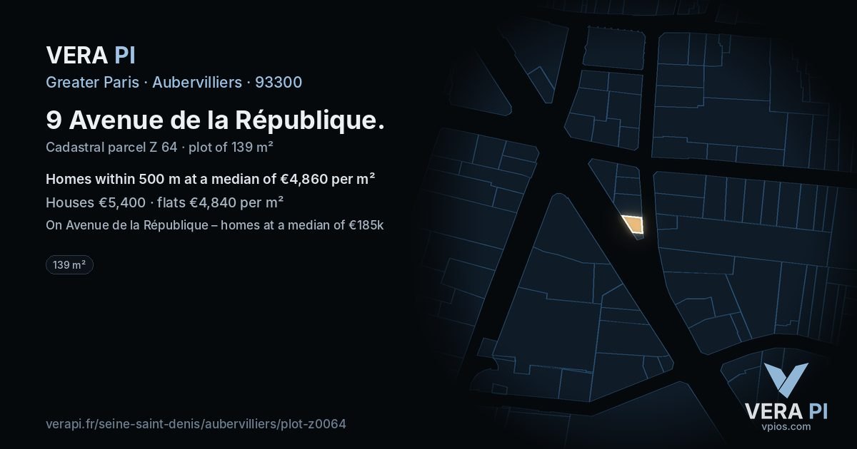 9 Avenue de la République, Aubervilliers at night – the plot lit, the parcels around coloured by the prices near them