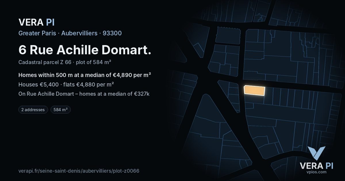 6 Rue Achille Domart, Aubervilliers at night – the plot lit, the parcels around coloured by the prices near them