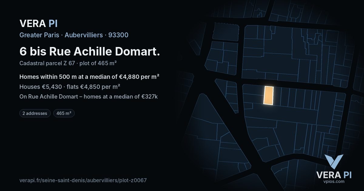 6 bis Rue Achille Domart, Aubervilliers at night – the plot lit, the parcels around coloured by the prices near them