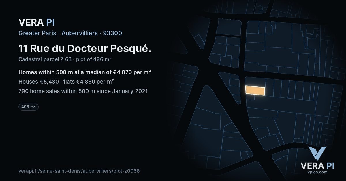 11 Rue du Docteur Pesqué, Aubervilliers at night – the plot lit, the parcels around coloured by the prices near them