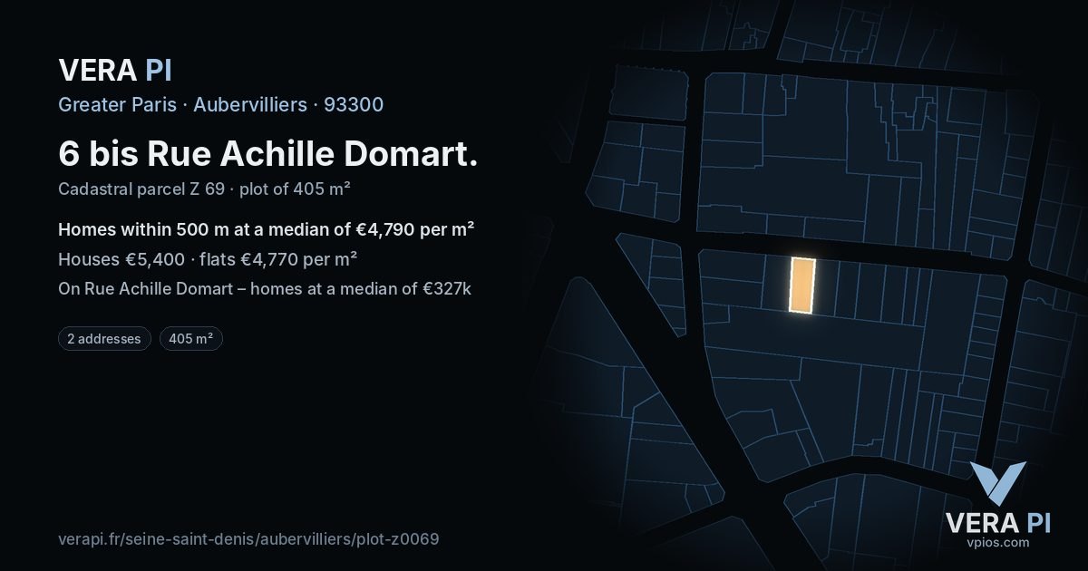 6 bis Rue Achille Domart, Aubervilliers at night – the plot lit, the parcels around coloured by the prices near them
