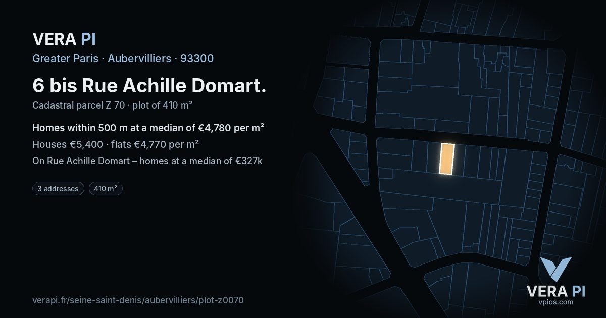 6 bis Rue Achille Domart, Aubervilliers at night – the plot lit, the parcels around coloured by the prices near them