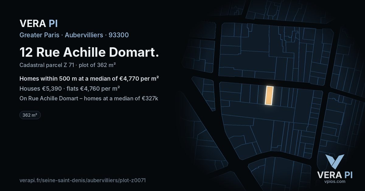 12 Rue Achille Domart, Aubervilliers at night – the plot lit, the parcels around coloured by the prices near them
