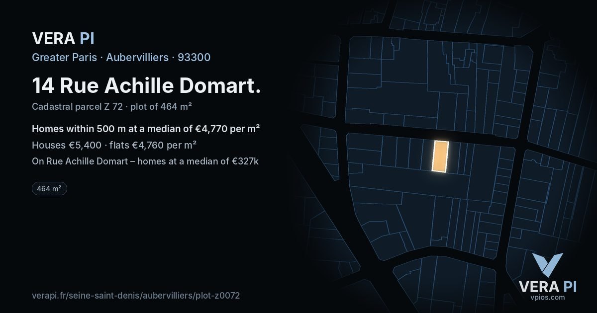 14 Rue Achille Domart, Aubervilliers at night – the plot lit, the parcels around coloured by the prices near them