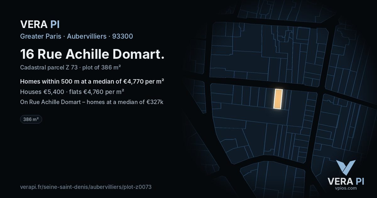 16 Rue Achille Domart, Aubervilliers at night – the plot lit, the parcels around coloured by the prices near them