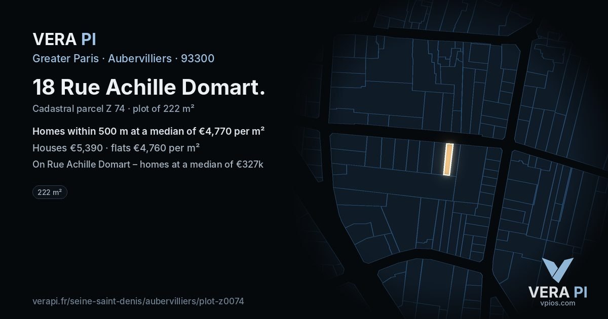 18 Rue Achille Domart, Aubervilliers at night – the plot lit, the parcels around coloured by the prices near them