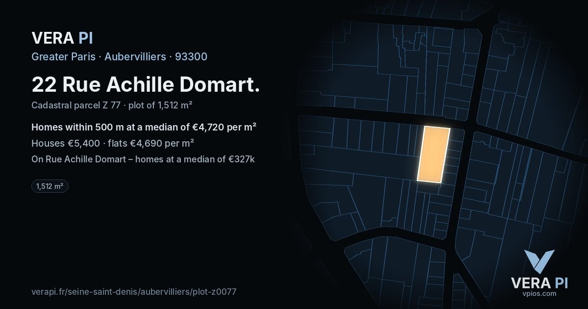 22 Rue Achille Domart, Aubervilliers at night – the plot lit, the parcels around coloured by the prices near them