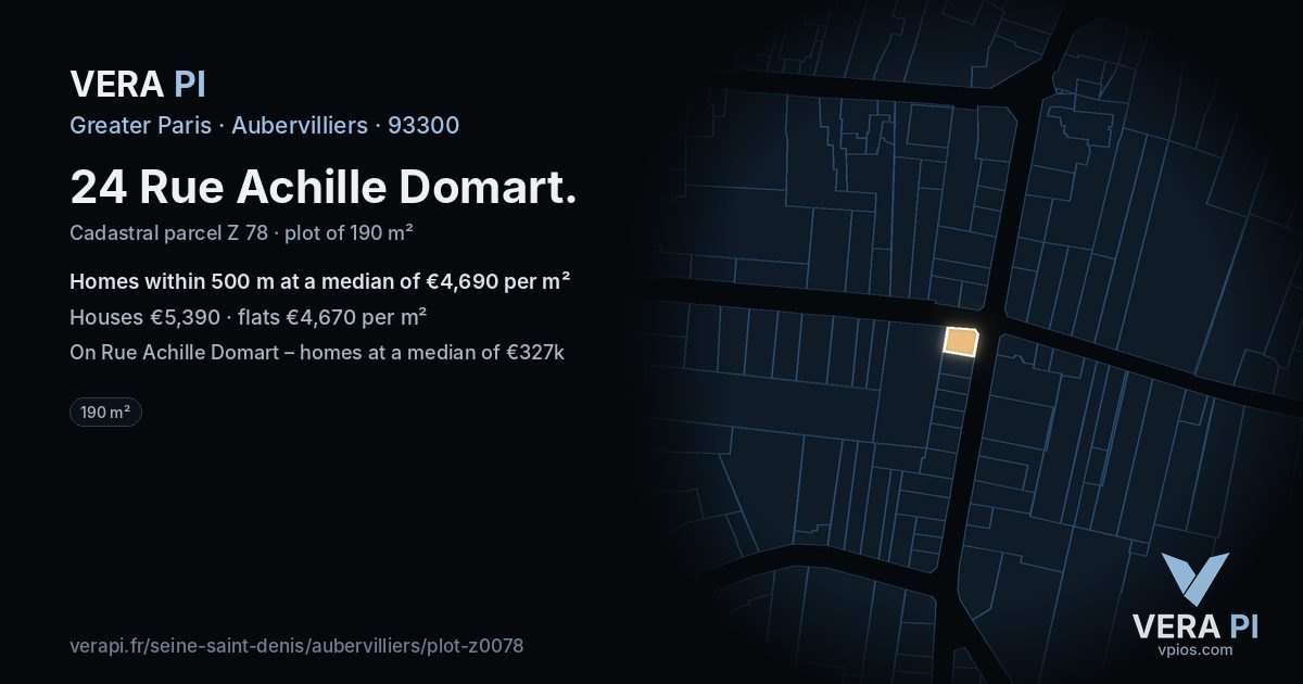 24 Rue Achille Domart, Aubervilliers at night – the plot lit, the parcels around coloured by the prices near them