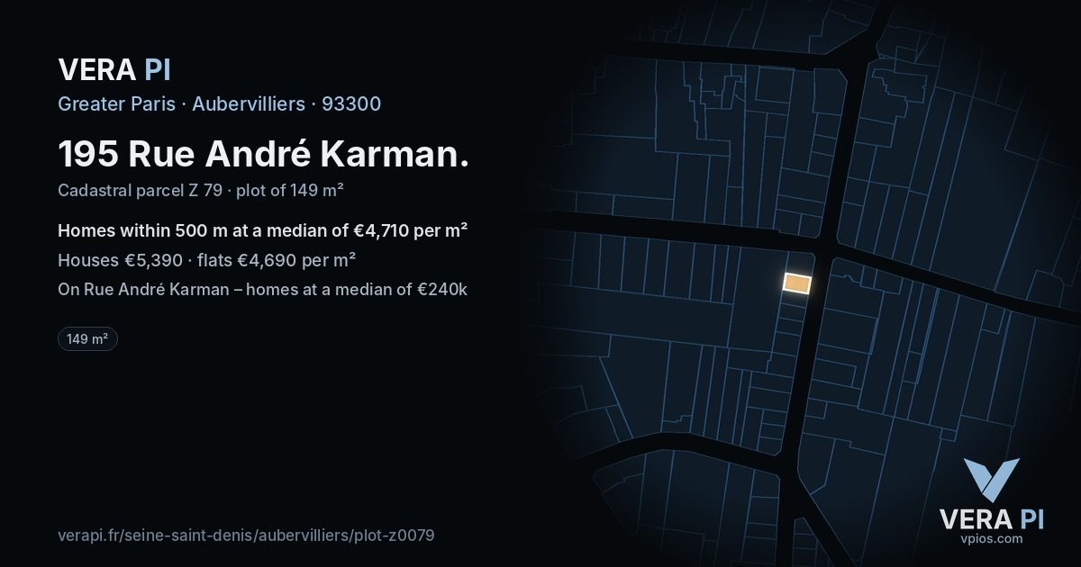 195 Rue André Karman, Aubervilliers at night – the plot lit, the parcels around coloured by the prices near them