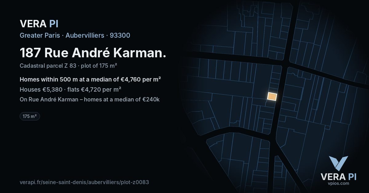 187 Rue André Karman, Aubervilliers at night – the plot lit, the parcels around coloured by the prices near them