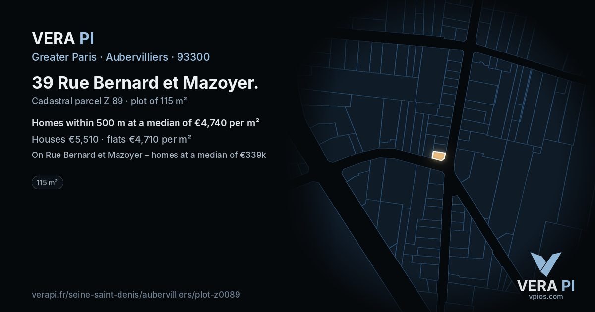 39 Rue Bernard et Mazoyer, Aubervilliers at night – the plot lit, the parcels around coloured by the prices near them