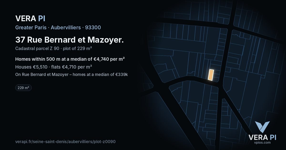 37 Rue Bernard et Mazoyer, Aubervilliers at night – the plot lit, the parcels around coloured by the prices near them