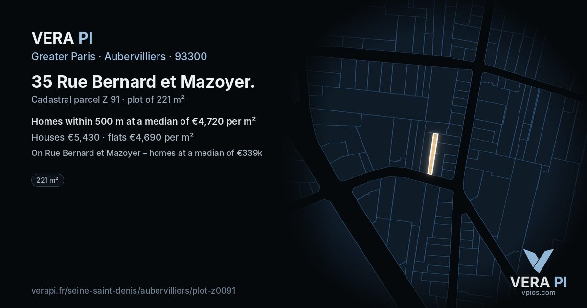 35 Rue Bernard et Mazoyer, Aubervilliers at night – the plot lit, the parcels around coloured by the prices near them