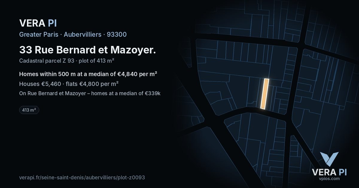 33 Rue Bernard et Mazoyer, Aubervilliers at night – the plot lit, the parcels around coloured by the prices near them