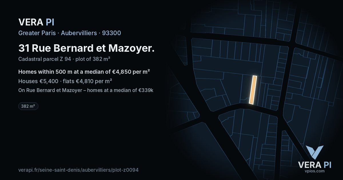 31 Rue Bernard et Mazoyer, Aubervilliers at night – the plot lit, the parcels around coloured by the prices near them
