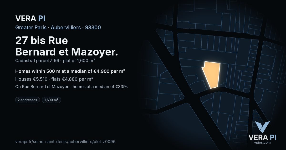 27 bis Rue Bernard et Mazoyer, Aubervilliers at night – the plot lit, the parcels around coloured by the prices near them