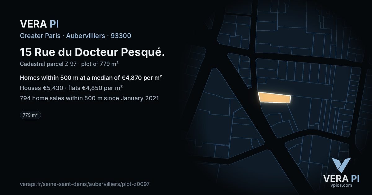 15 Rue du Docteur Pesqué, Aubervilliers at night – the plot lit, the parcels around coloured by the prices near them