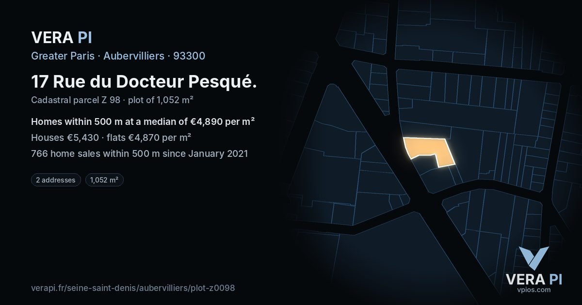 17 Rue du Docteur Pesqué, Aubervilliers at night – the plot lit, the parcels around coloured by the prices near them