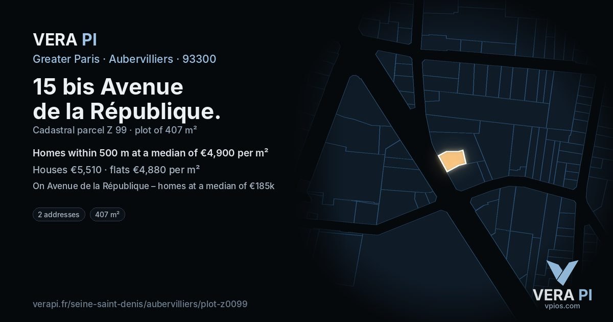 15 bis Avenue de la République, Aubervilliers at night – the plot lit, the parcels around coloured by the prices near them