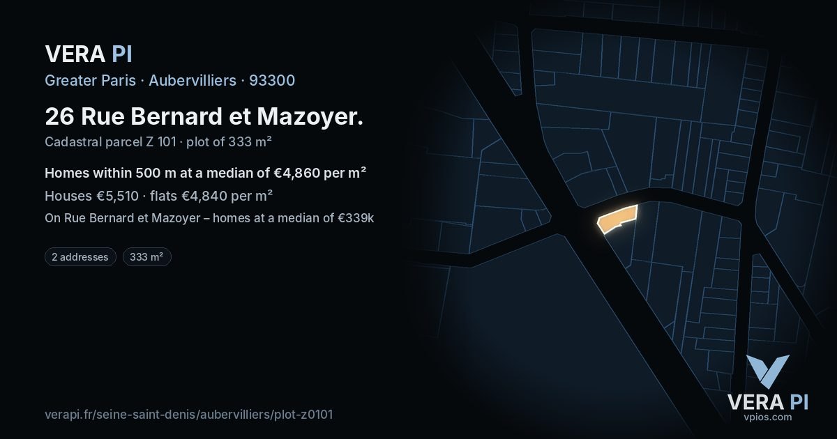 26 Rue Bernard et Mazoyer, Aubervilliers at night – the plot lit, the parcels around coloured by the prices near them