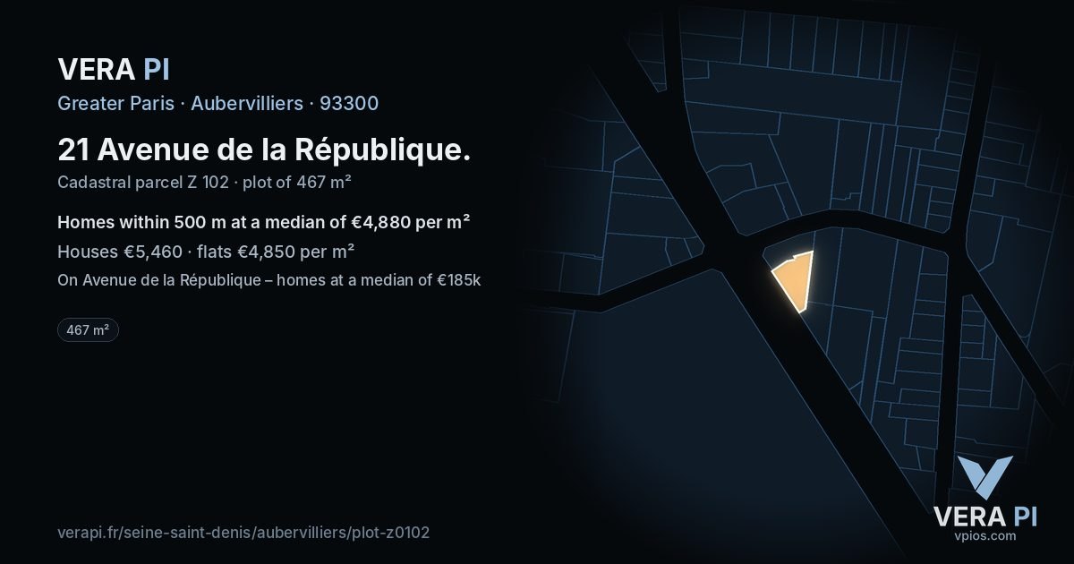 21 Avenue de la République, Aubervilliers at night – the plot lit, the parcels around coloured by the prices near them
