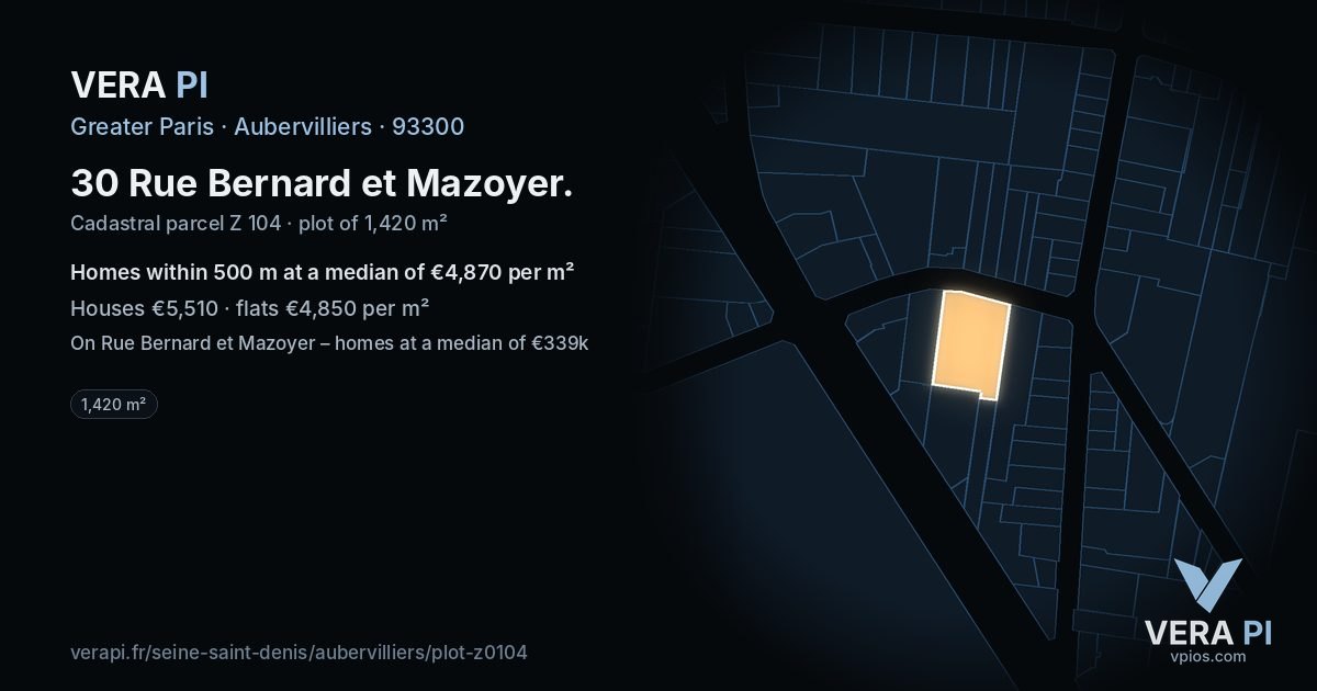 30 Rue Bernard et Mazoyer, Aubervilliers at night – the plot lit, the parcels around coloured by the prices near them