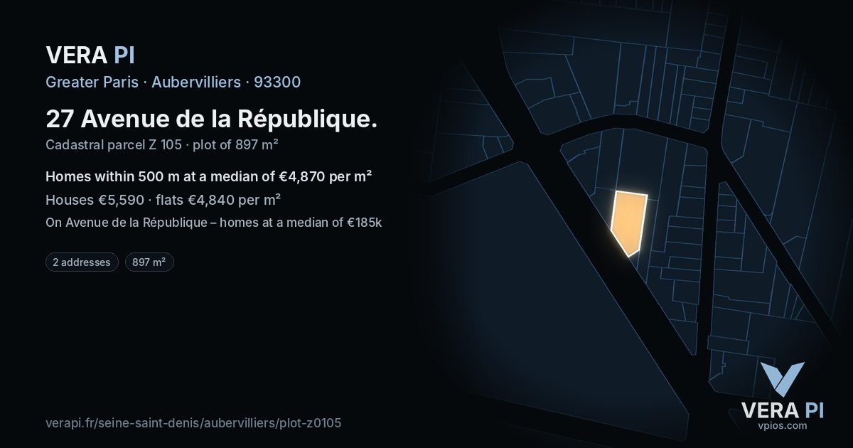 27 Avenue de la République, Aubervilliers at night – the plot lit, the parcels around coloured by the prices near them