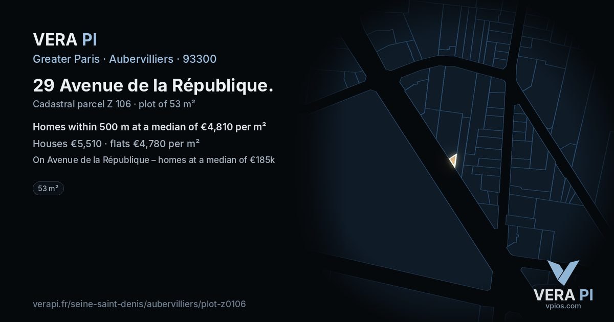29 Avenue de la République, Aubervilliers at night – the plot lit, the parcels around coloured by the prices near them
