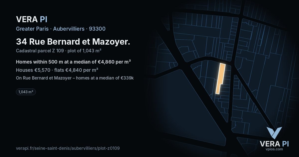 34 Rue Bernard et Mazoyer, Aubervilliers at night – the plot lit, the parcels around coloured by the prices near them
