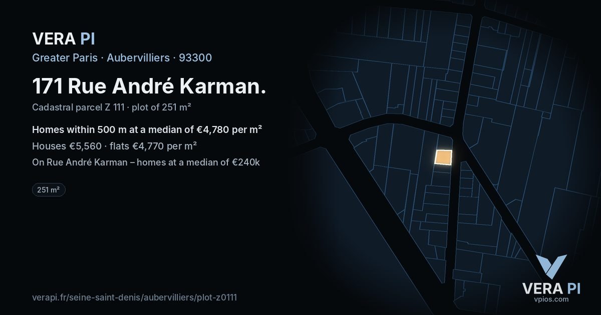 171 Rue André Karman, Aubervilliers at night – the plot lit, the parcels around coloured by the prices near them