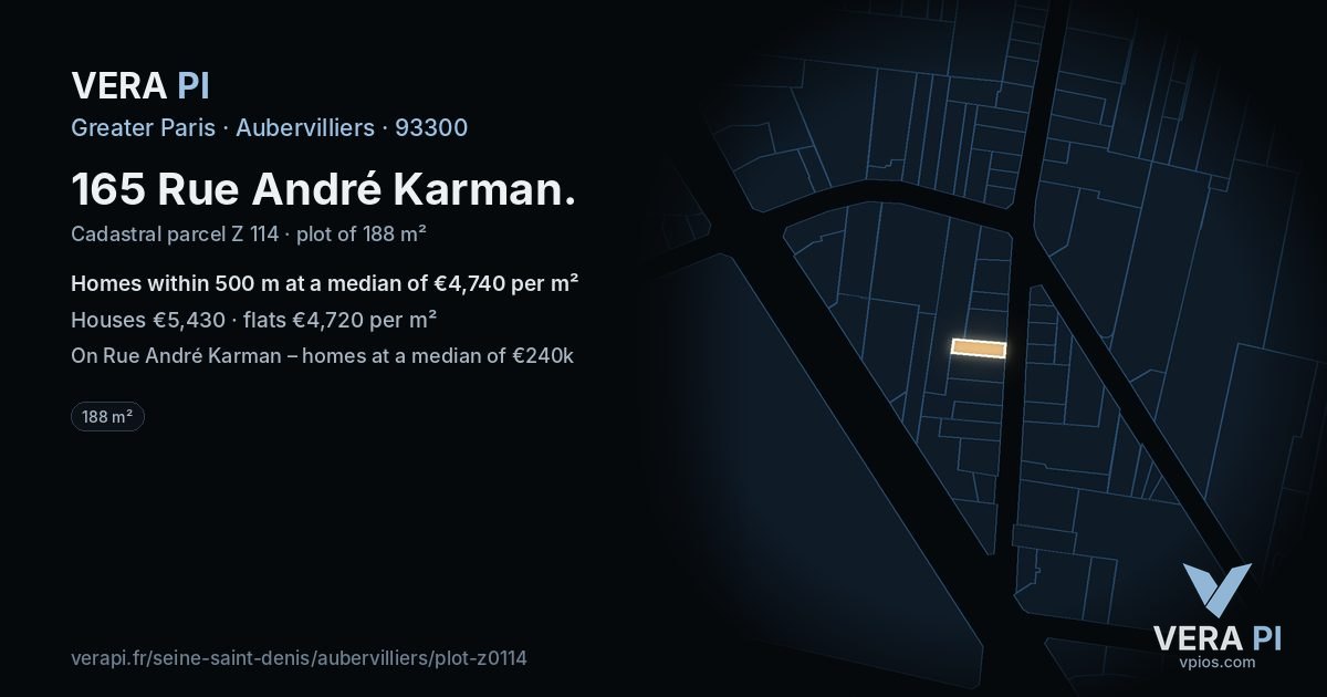 165 Rue André Karman, Aubervilliers at night – the plot lit, the parcels around coloured by the prices near them