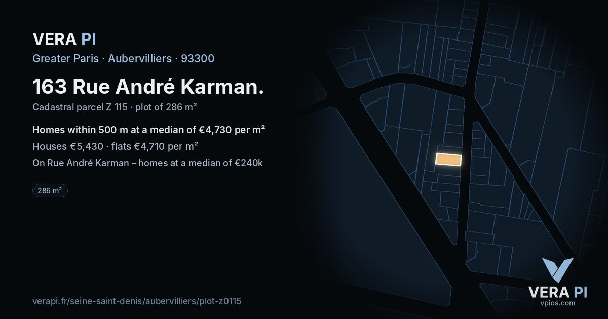 163 Rue André Karman, Aubervilliers at night – the plot lit, the parcels around coloured by the prices near them