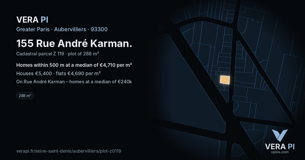 155 Rue André Karman, Aubervilliers at night – the plot lit, the parcels around coloured by the prices near them