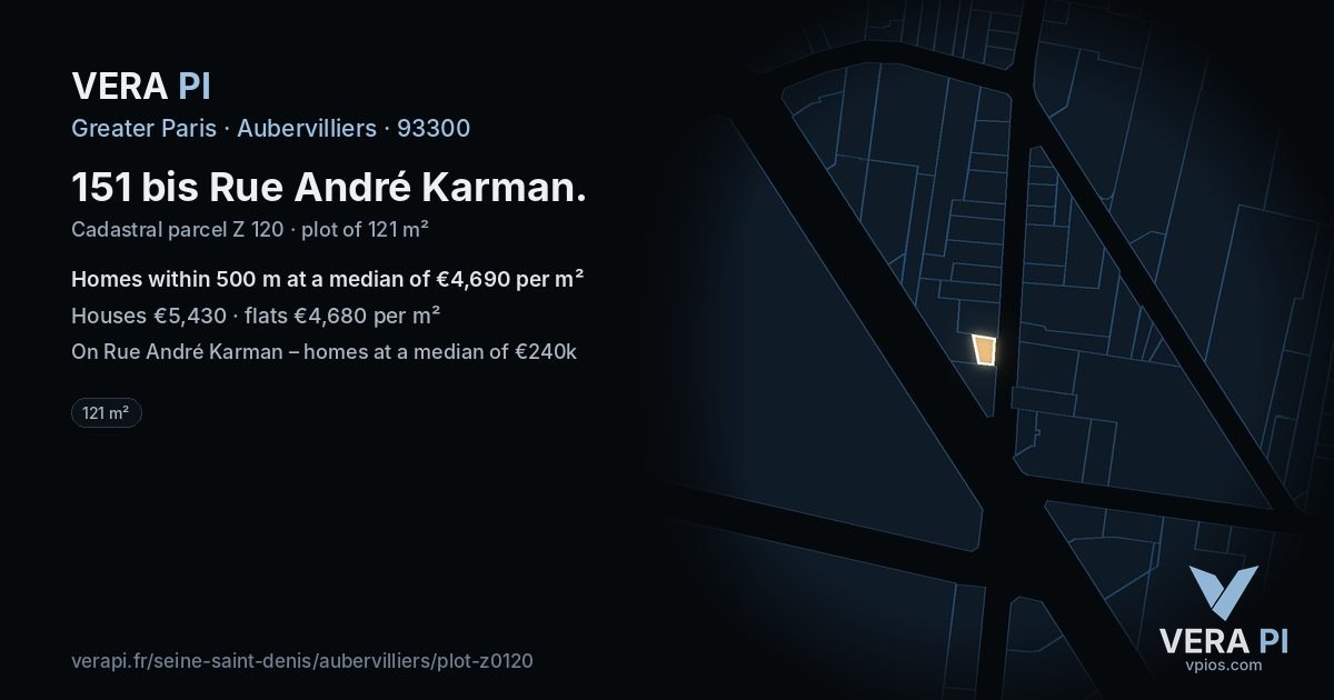 151 bis Rue André Karman, Aubervilliers at night – the plot lit, the parcels around coloured by the prices near them