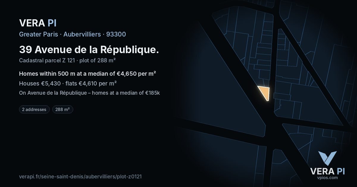 39 Avenue de la République, Aubervilliers at night – the plot lit, the parcels around coloured by the prices near them