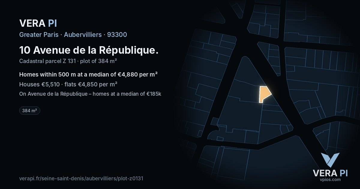 10 Avenue de la République, Aubervilliers at night – the plot lit, the parcels around coloured by the prices near them
