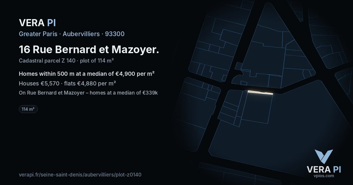 16 Rue Bernard et Mazoyer, Aubervilliers at night – the plot lit, the parcels around coloured by the prices near them