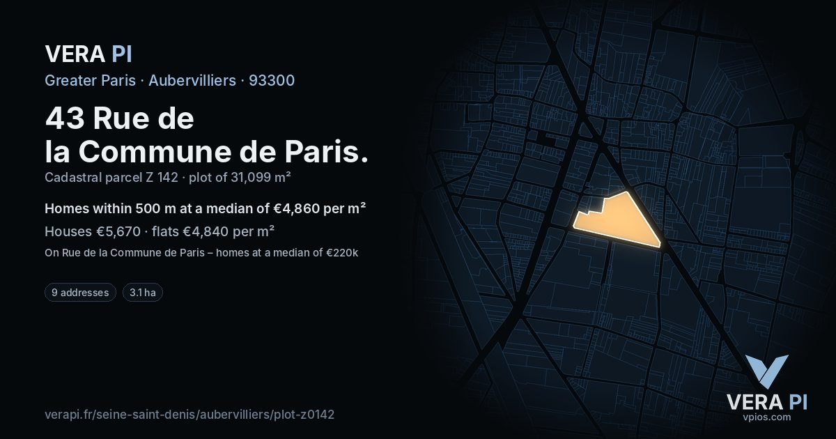 43 Rue de la Commune de Paris, Aubervilliers at night – the plot lit, the parcels around coloured by the prices near them