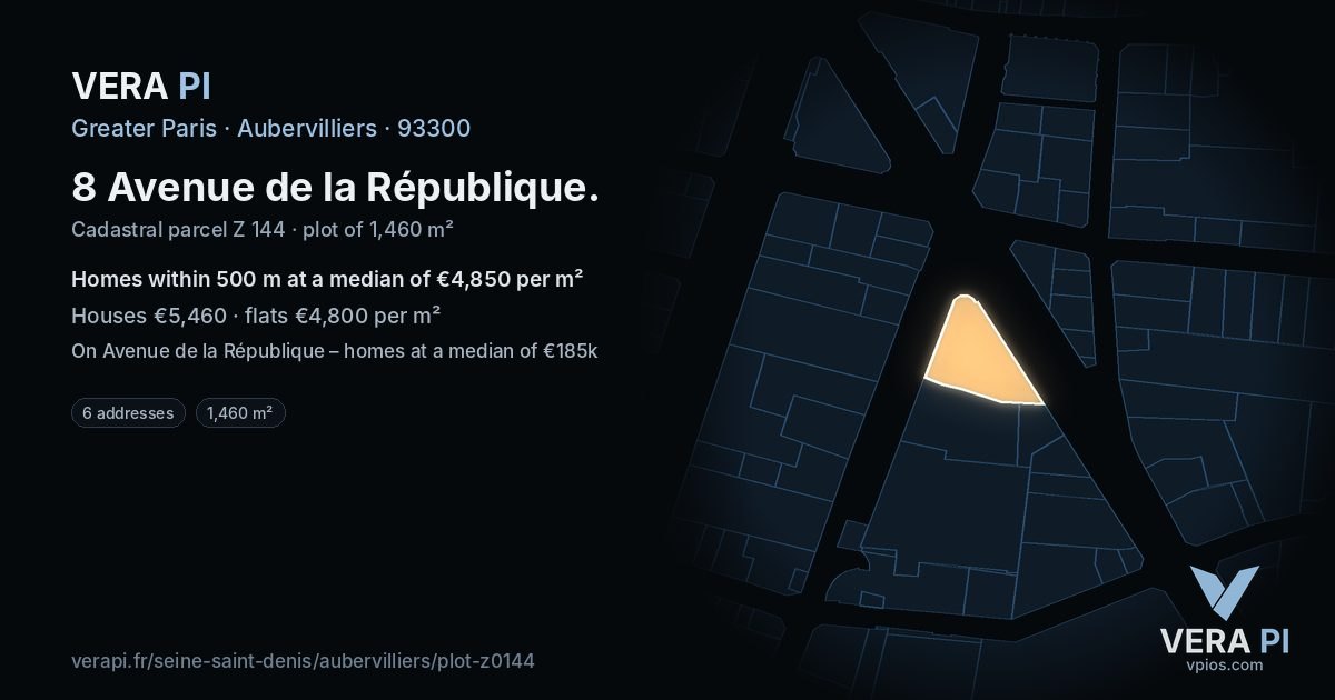 8 Avenue de la République, Aubervilliers at night – the plot lit, the parcels around coloured by the prices near them